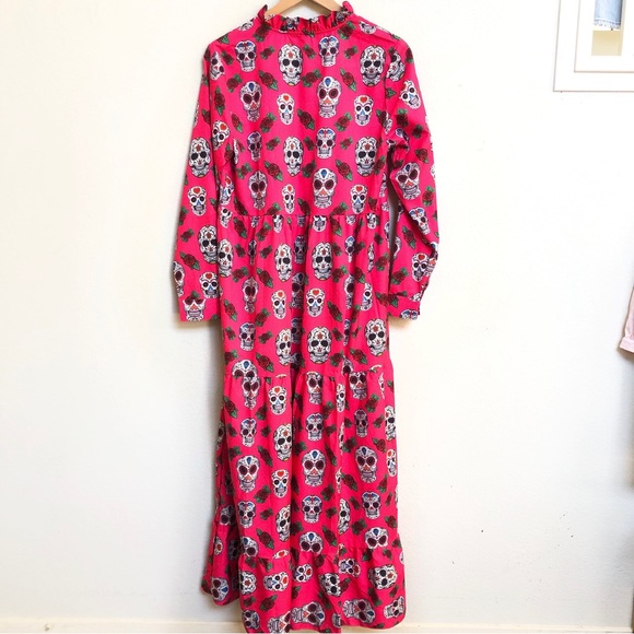 Candy Skull Bright Hot Pink Prairie Cottage Style Maxi Dress size L - Picture 2 of 12